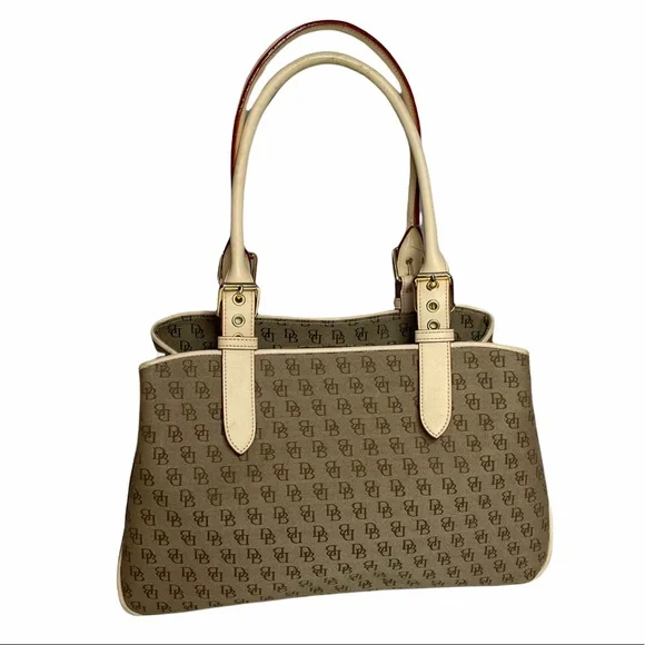 Dooney & Bourke Buckle Satchel Tote Bag Purse ID Card DB Signature Leather Trim - Picture 2 of 13